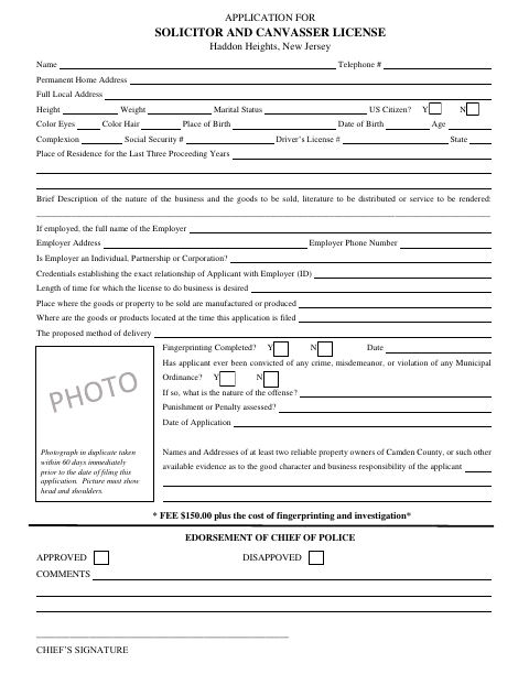 First page of the Solicitor and Canvasser License Application