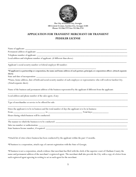 First page of the Transient Merchant or Transient Peddler License Application