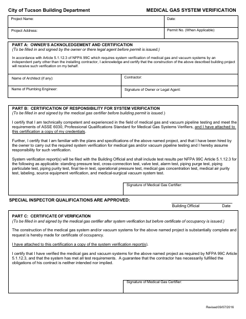 First page of the Medical Gas System Verification