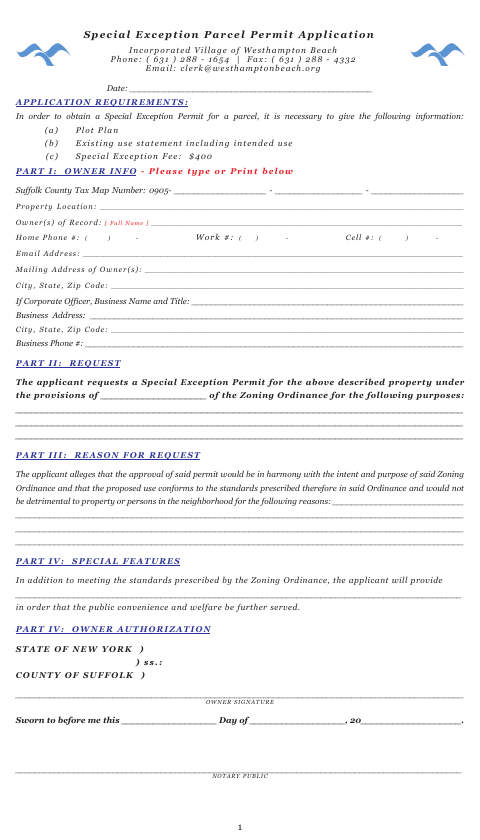 First page of the Special Exception Parcel Permit Application