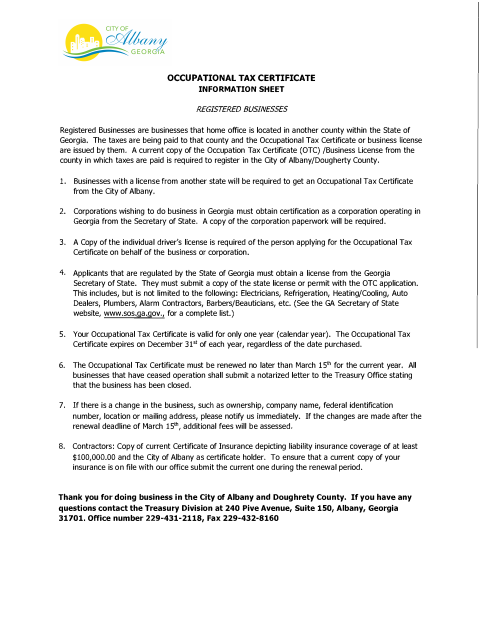 First page of the Registered Business Occupational Tax Certificate Packet
