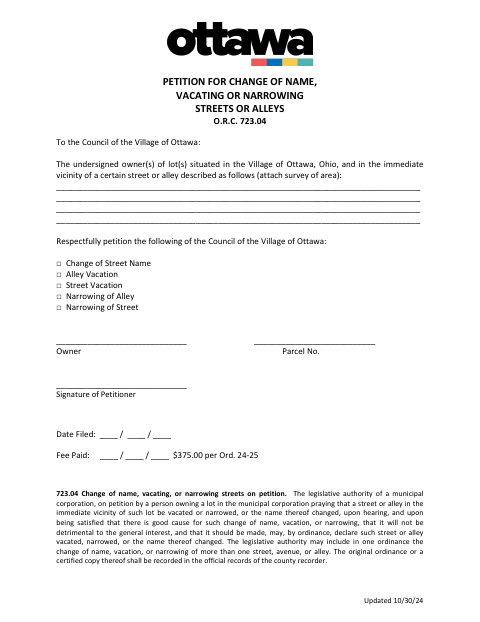 First page of the Petition for Change of Name, Vacating or Narrowing Streets or Alleys