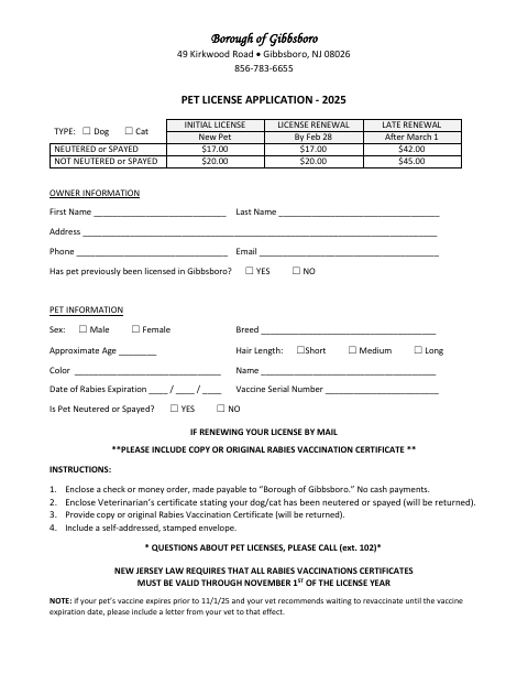 First page of the Pet License Application