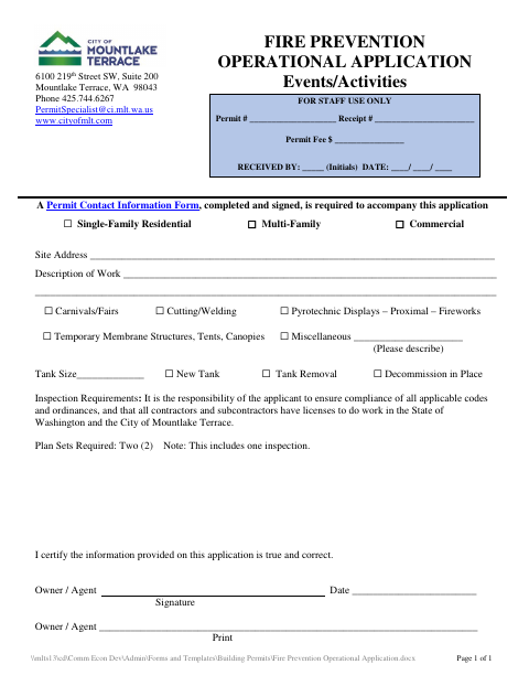 First page of the Fire Prevention Operational Application