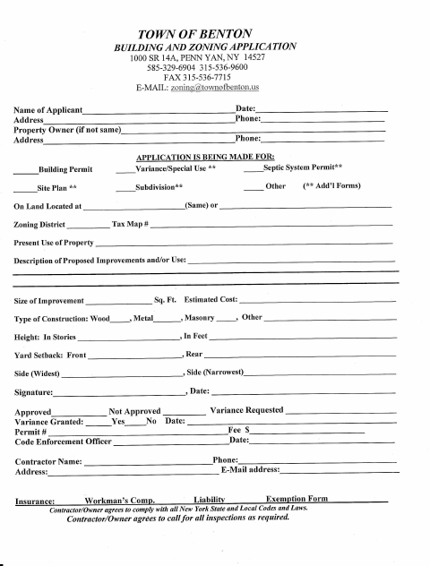 First page of the Building and Zoning Application