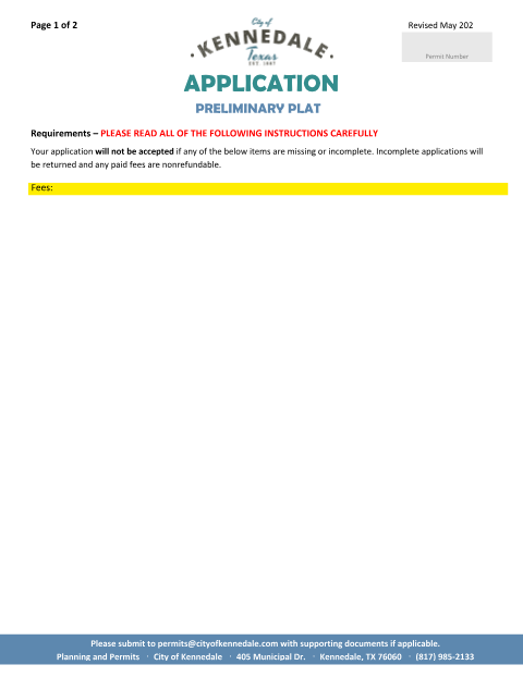 First page of the Preliminary Plat Application
