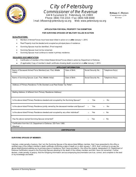 First page of the Application for Real Property Tax Exemption for Surviving Spouses of Military Killed in Action