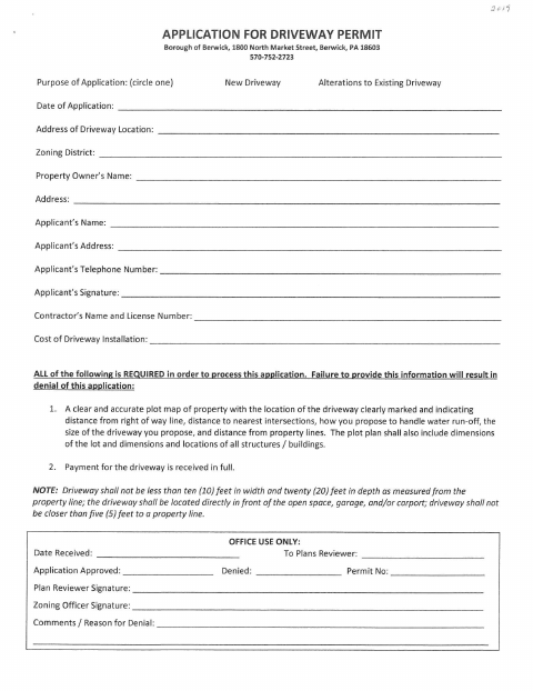 First page of the Driveway Permit Application