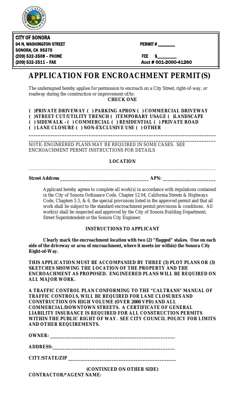 First page of the Application for Encroachment Permits