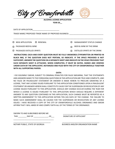 First page of the Alcohol License Application