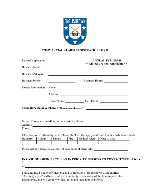 First page of the Commercial Alarm Registration Form