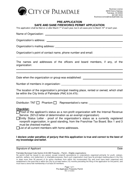 First page of the Pre-Application Safe And Sane Fireworks Permit Application