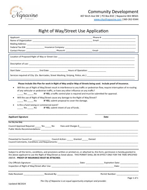 First page of the Right of Way/Street Use Application