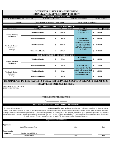 First page of the Organization's Application for Rent