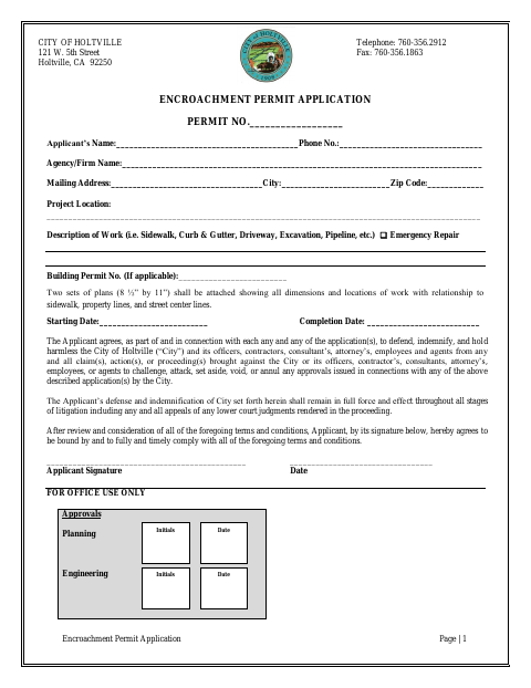 First page of the Encroachment Permit Application