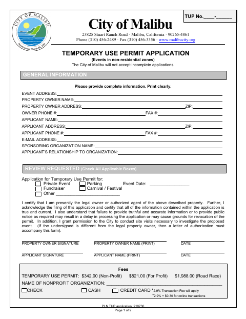 First page of the Temporary Use Permit Application