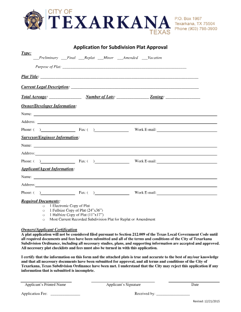 First page of the Application for Subdivision Plat Approval