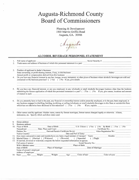 First page of the Alcohol Beverage Personnel Statement