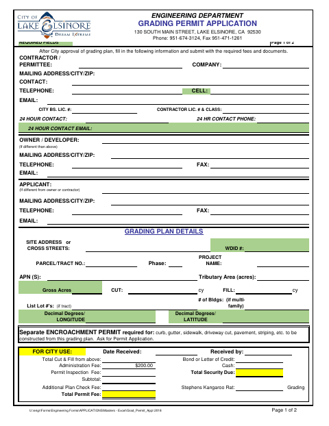 First page of the Grading Permit Application