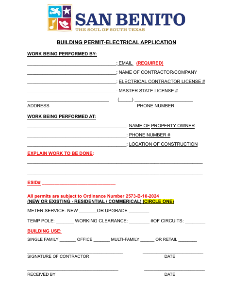 First page of the Building Permit-Electrical Application