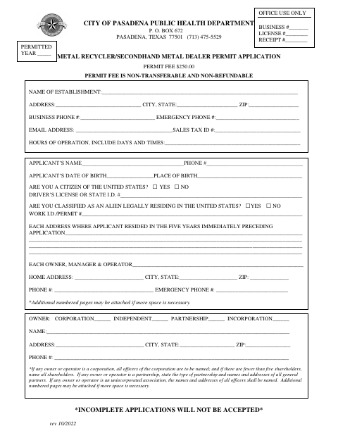 First page of the Metal Recycler/Secondhand Metal Dealer Permit Application
