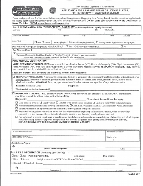 First page of the Handicap Parking Permit Application