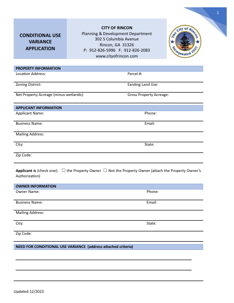 First page of the Conditional Use Variance Application