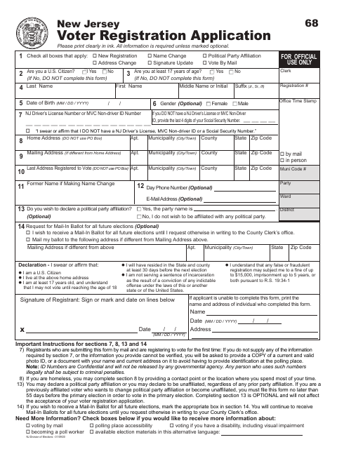 First page of the New Jersey Voter Registration Application