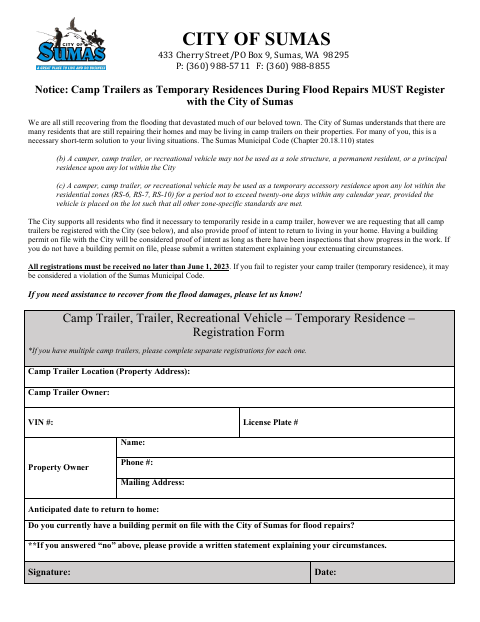 First page of the Camp Trailer Temporary Residence Registration