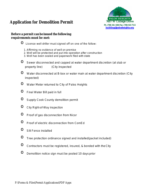 First page of the Demolition Permit Application