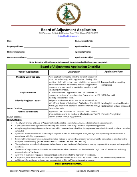 First page of the Board of Adjustment Application