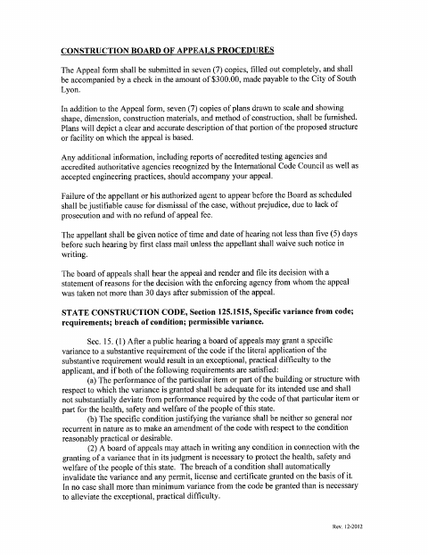First page of the Construction Board of Appeals Application