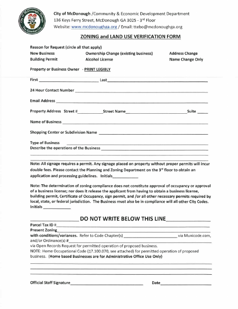 First page of the Zoning and Land Use Verification Form (Home-Based Business)