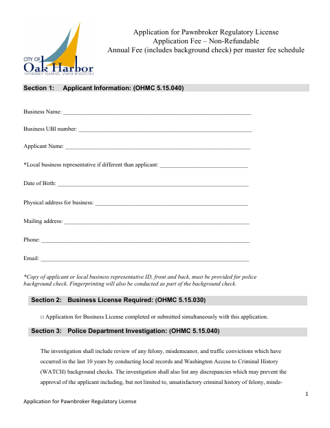 First page of the Application for Pawnbroker Regulatory License