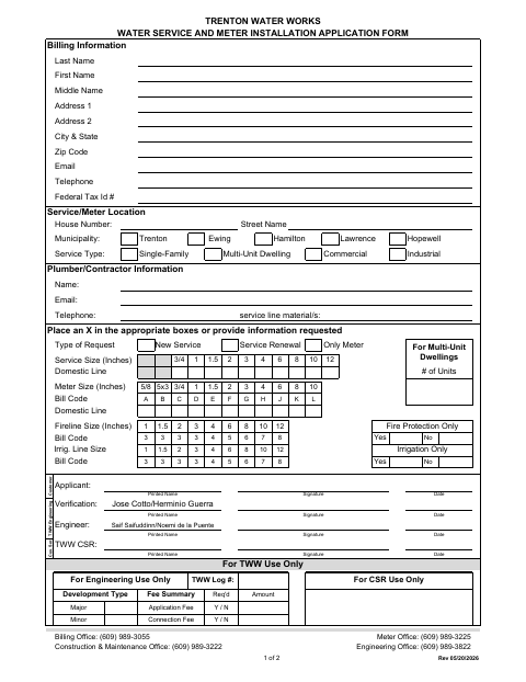 First page of the Water Service and Meter Installation Application Form
