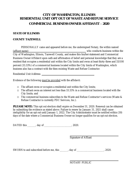 First page of the Commercial Business Owner Affidavit
