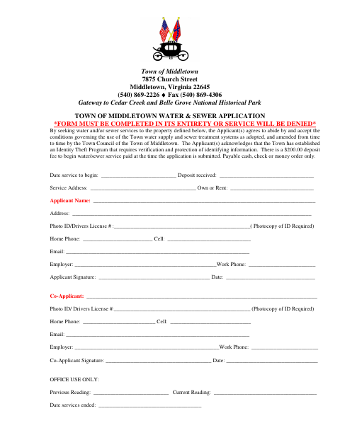 First page of the Water & Sewer Application