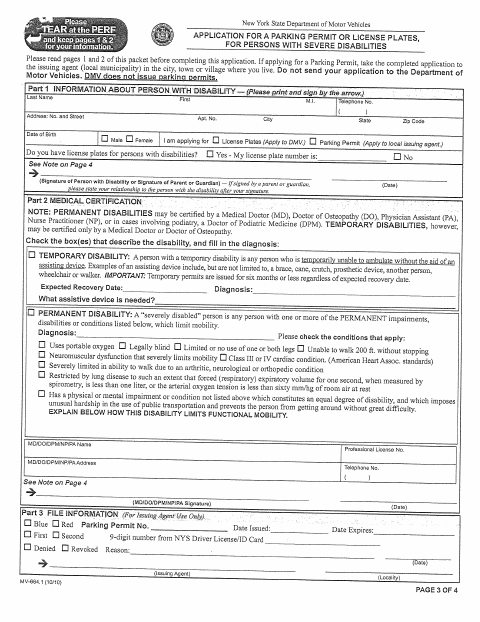 First page of the Application for a Parking Permit or License Plates for Persons with Severe Disabilities