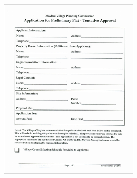 First page of the Application for Preliminary Plat – Tentative Approval
