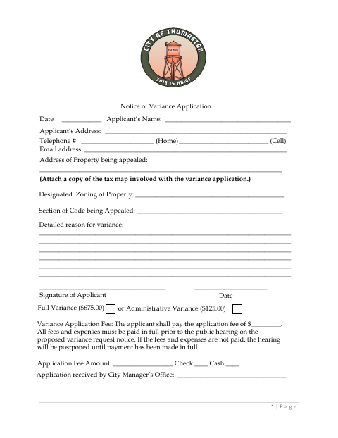 First page of the Variance Application