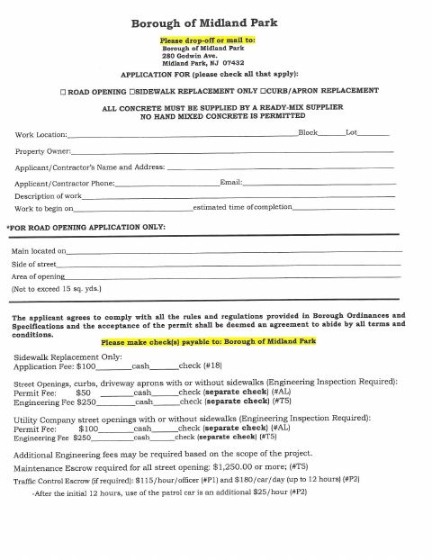 First page of the Sidewalk, Curb, Apron and Road Opening Permit Application