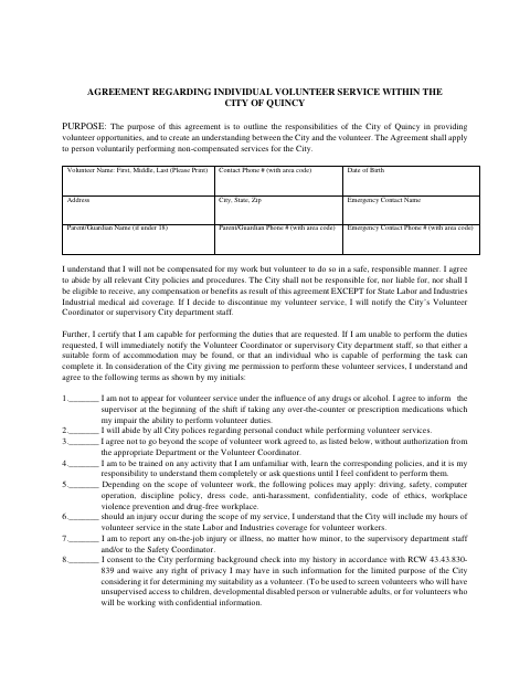 First page of the Agreement Regarding Individual Volunteer Service