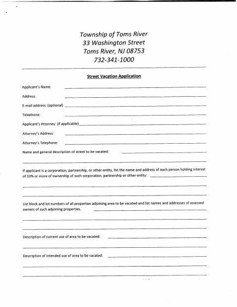 First page of the Street Vacation Application