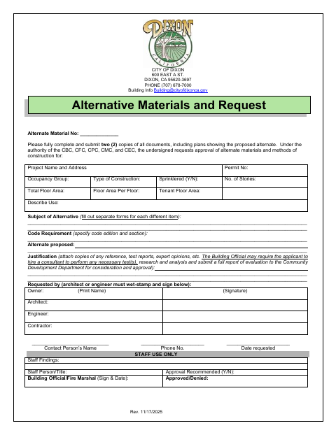First page of the Alternative Materials and Request