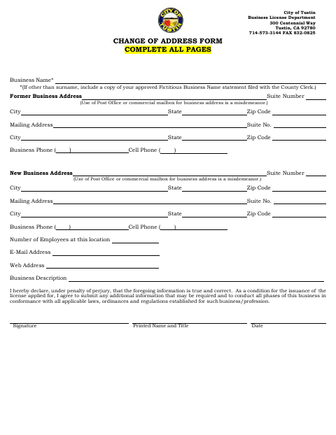 First page of the Change of Address Form