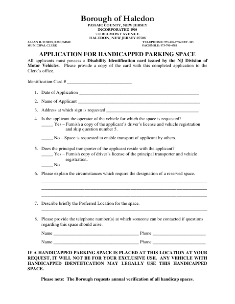 First page of the Application for Handicapped Parking Space