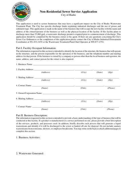 First page of the Non-Residential Sewer Service Application