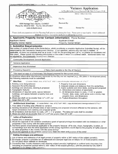 First page of the Variance Application