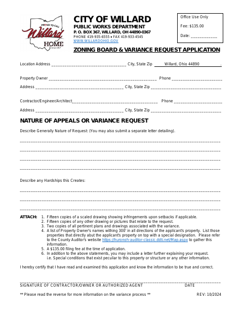First page of the Zoning Board & Variance Request Application