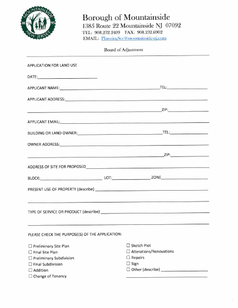First page of the Board of Adjustment Land Use Application